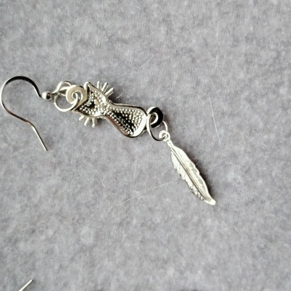 Hand Crafted Blue Enamel Cat Charm And Feather Earrings - Picture 2 of 3